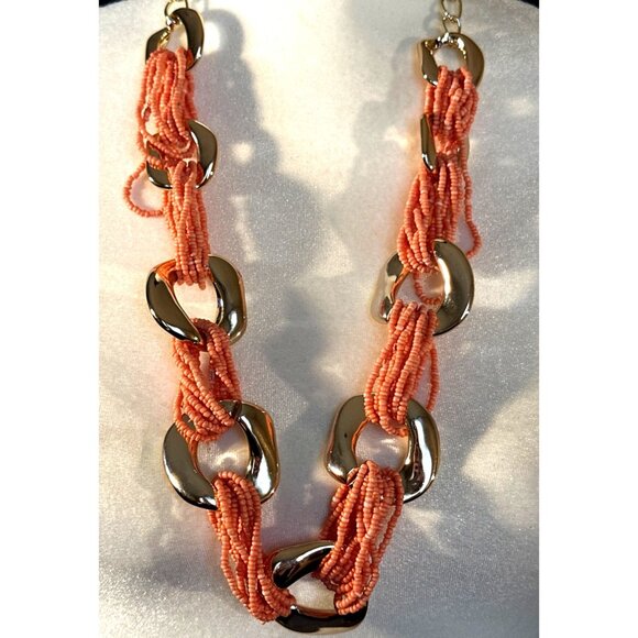 80s 90s Chunky Boho Vibe Necklace Orange Seed Bead Gold Color Links Chain Granny - Picture 2 of 4